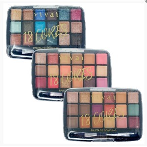 Kit 3 Paleta de Sombras Estojo 18 Cores Vivai